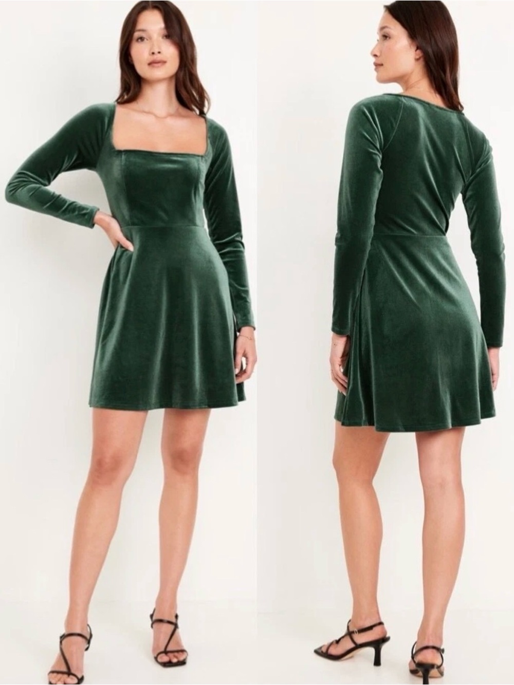 Old Navy Velvet Long-Sleeve A-Line Dress in Dark Green